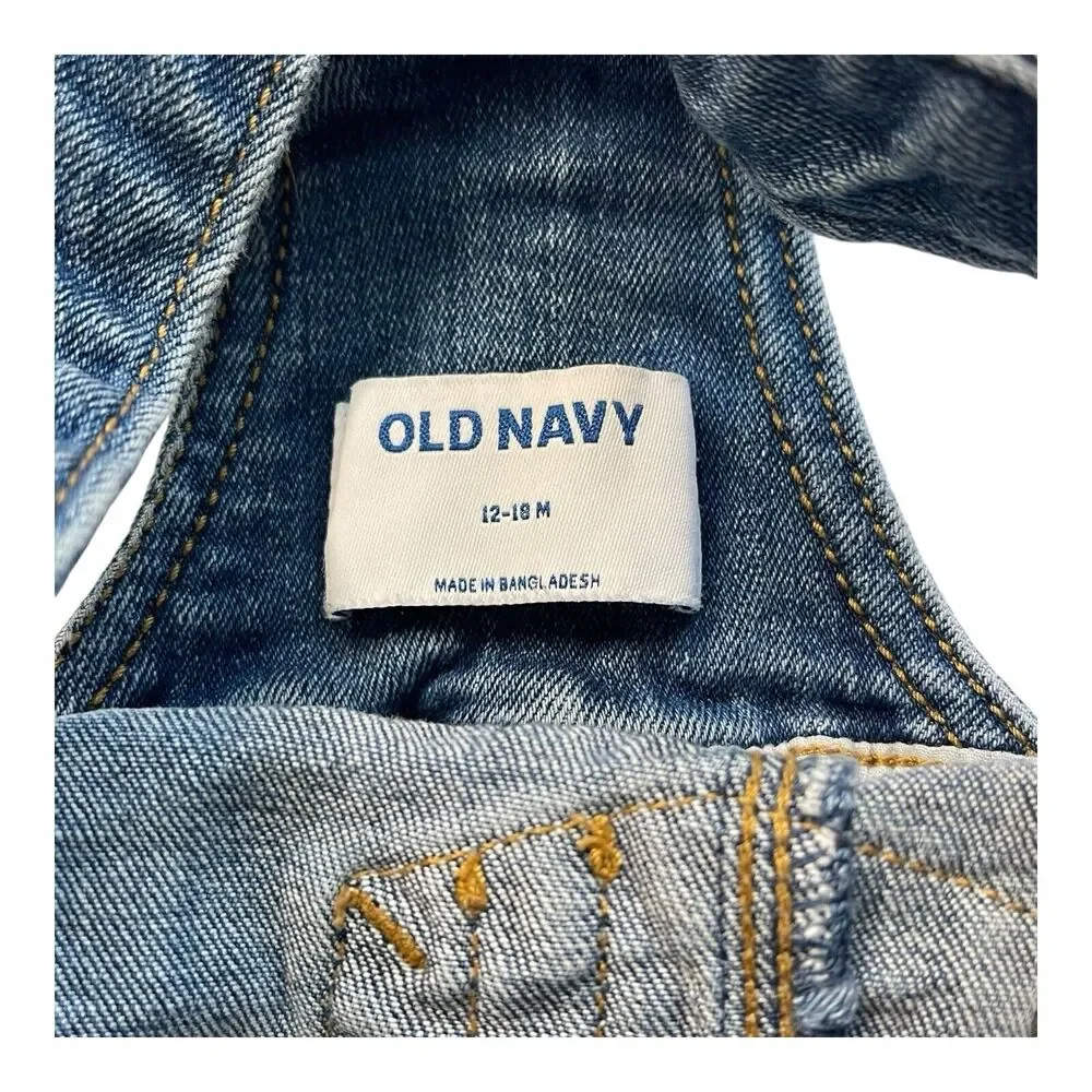 Old Navy Medium Wash Denim Overall Raw Hem Dress Size 12-18 Months